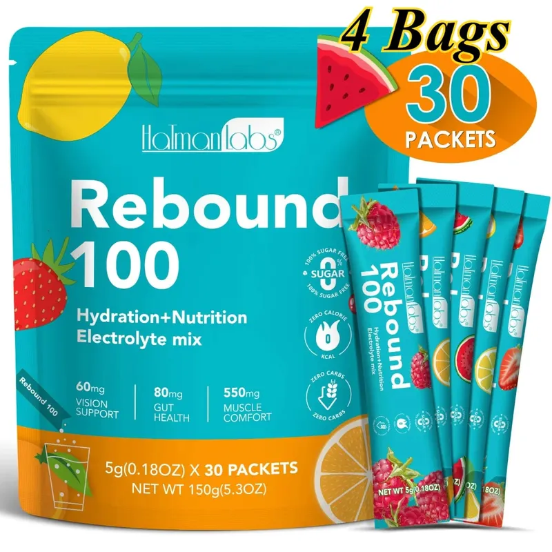 HolmanLabs Rebound 100 Electrolyte Supplement Powder Sugar Free Hydration Gut Vision Muscle Health Vitamins C B6 B12 30 Packets