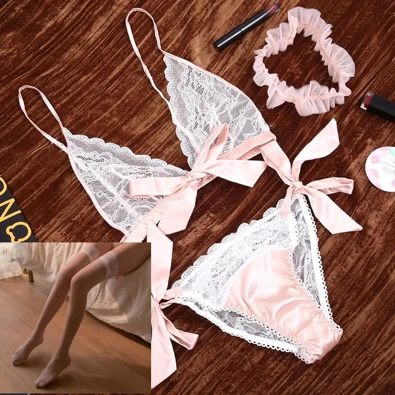 Fransk sexet lingeri blonder flæser trådfri bh og trusse med strømpebånd undertøjssæt Temptation se gennem ultratynd bh-sæt