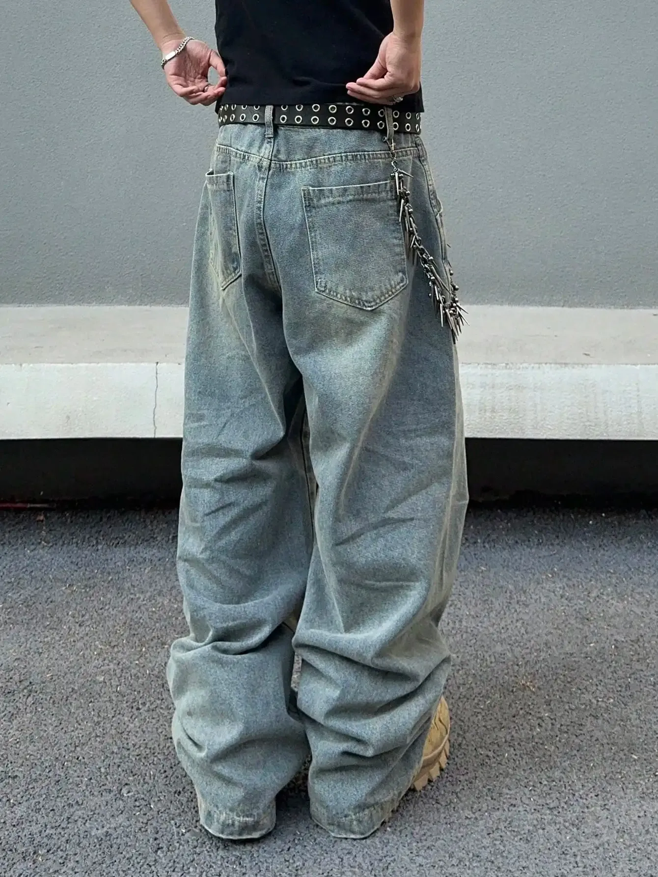 Vintage Men Washed Baggy Denim Jeans Stitched Panel Wide Leg Denim Pants Oversized Loose Hip Hop Streetwear Y2K Casual Trousers