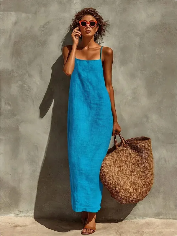 2026 Summer Women Cotton Linen Spaghetti Strap Maxi Dress Solid Color Loose Sleeveless Slip Long Dress Bohemian Beach Vacation S