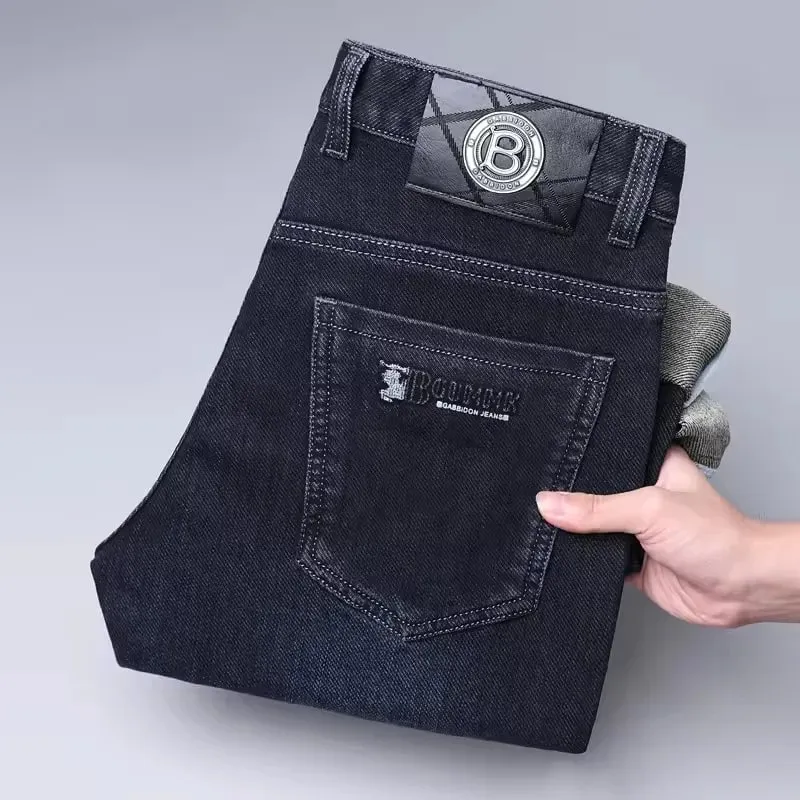 Jeans Lurus Pria Kualitas Tinggi Ringan Mewah Bordir Kasual Serbaguna Fashion Pelangsing Gaya Siluet Halus