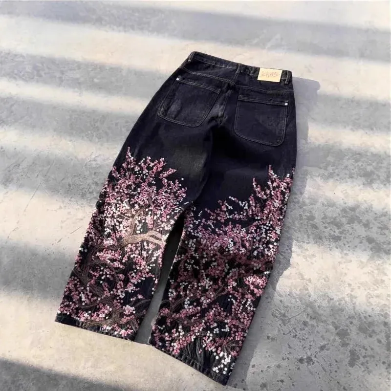 Unisex Jeans Harajuku European American Streetwear Embroidered Denim Pants Vintage Floral Loose Fit Straight Wide Leg Casual New — image 5