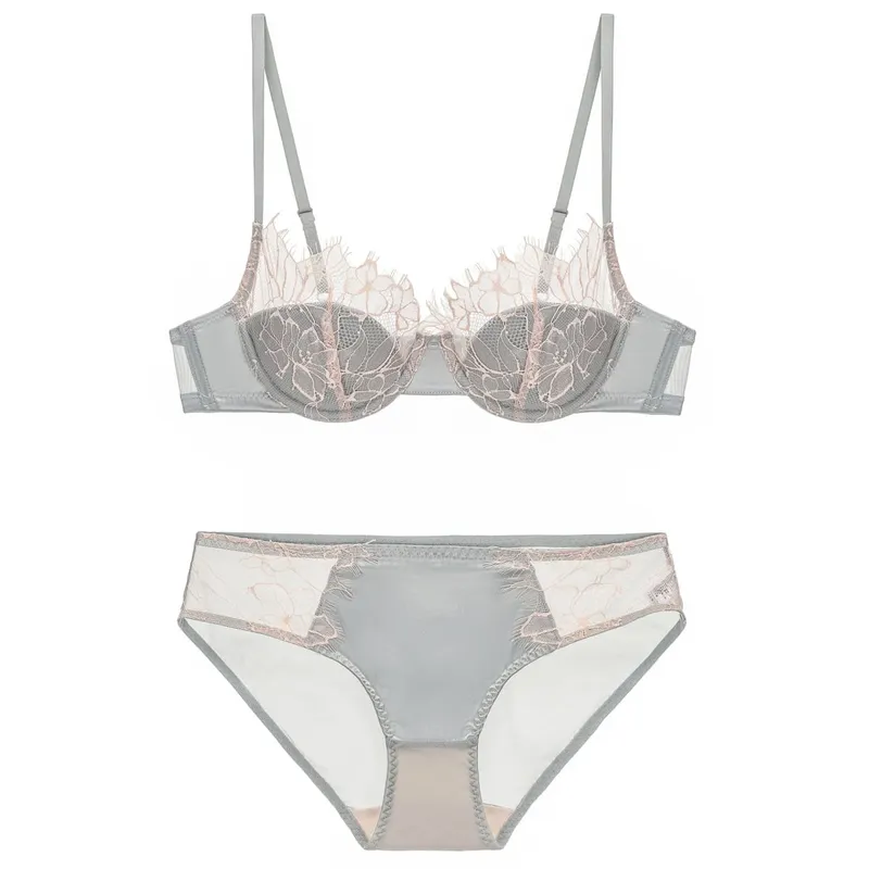 2 Pieces French Eyelashes Lace Underwear Set for Women Hollow 1/2 Thin Cup Push Up Bra Adjustable Strap Brassiere Lingerie