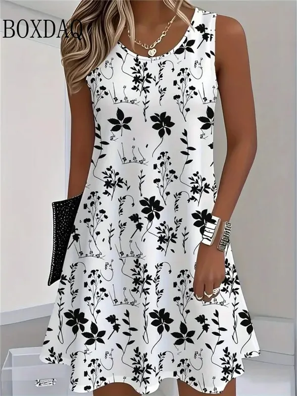 Women's Casual Floral Print Summer Dresses Sleeveless Round Neck Dress Sundress Beach Vacation Dress Y2k Ladies Loose Clothes — image 1