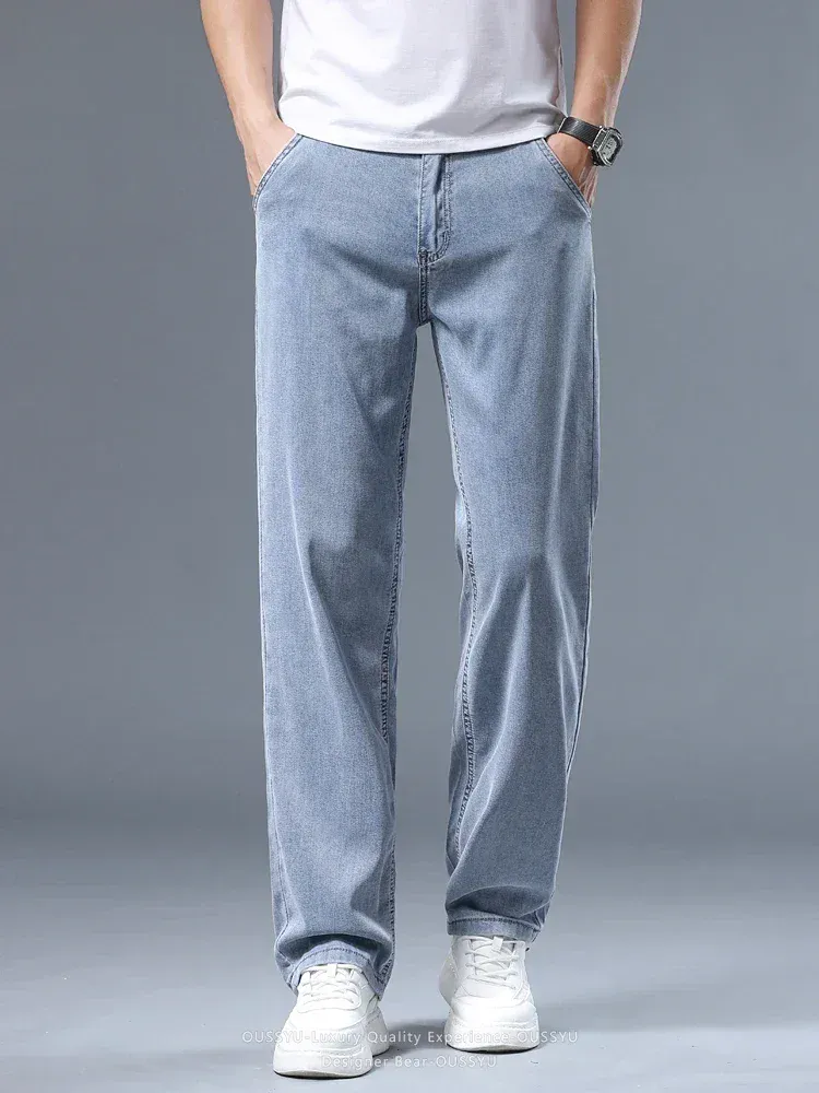 Summer Thin Men's Loose Straight Jeans Lyocell Soft Drape Business Casual Trousers Smoke Gray Ice Silk Pants Plus Size 40 42