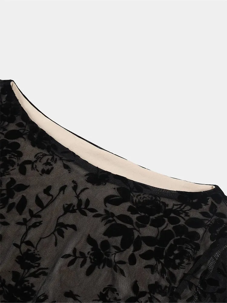 Women's Long Flared Sleeve round Neck Black Floral Lace Elegant Midi Dress Spring Summer Fashionable Casual Maxi Gown