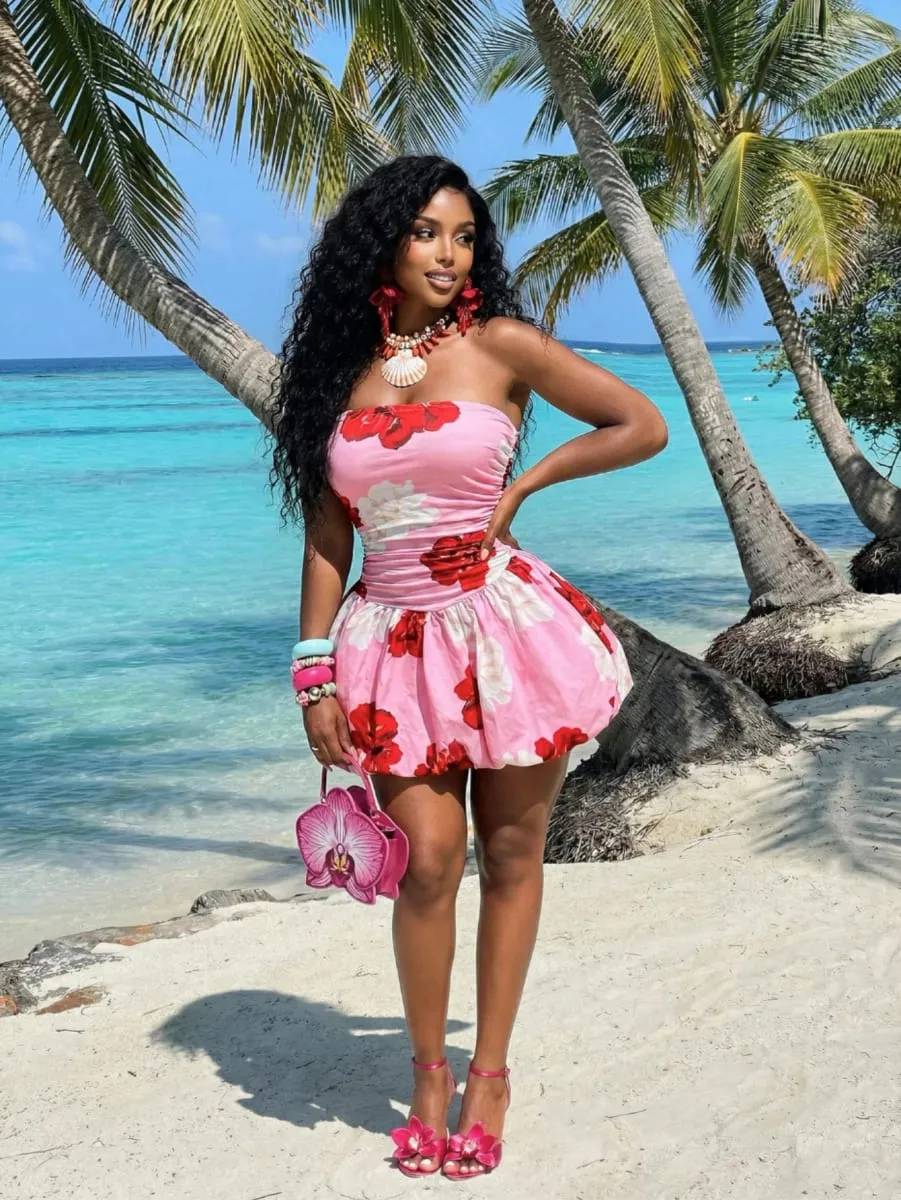 Women Strapless Floral Print Mini Dress Ruched Waist Flared Skirt Bodycon Dress For Beach Holiday Party Occasion