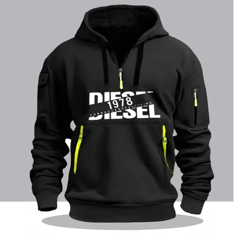 Men Casual Hooded Collar Drawstring Hoodies Sweatshirts Long Sleeve Shirts Outdoor Streetwear Lightweight Zipper Design Pullover