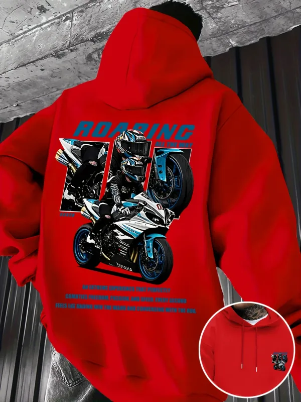 Winter and Autumn Men's Street Fashion Hooded Sweatshirt with "motorcycle" Print Pattern Fleece for Outdoor Warm Cozy Feeling