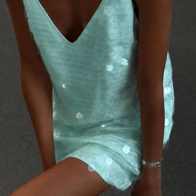 Beach Sequin Short Women Dress Loose Deep V-neck Sleeveless Backless Spaghetti Strap Sundress 2026 Summer Solid Glitter Dresses