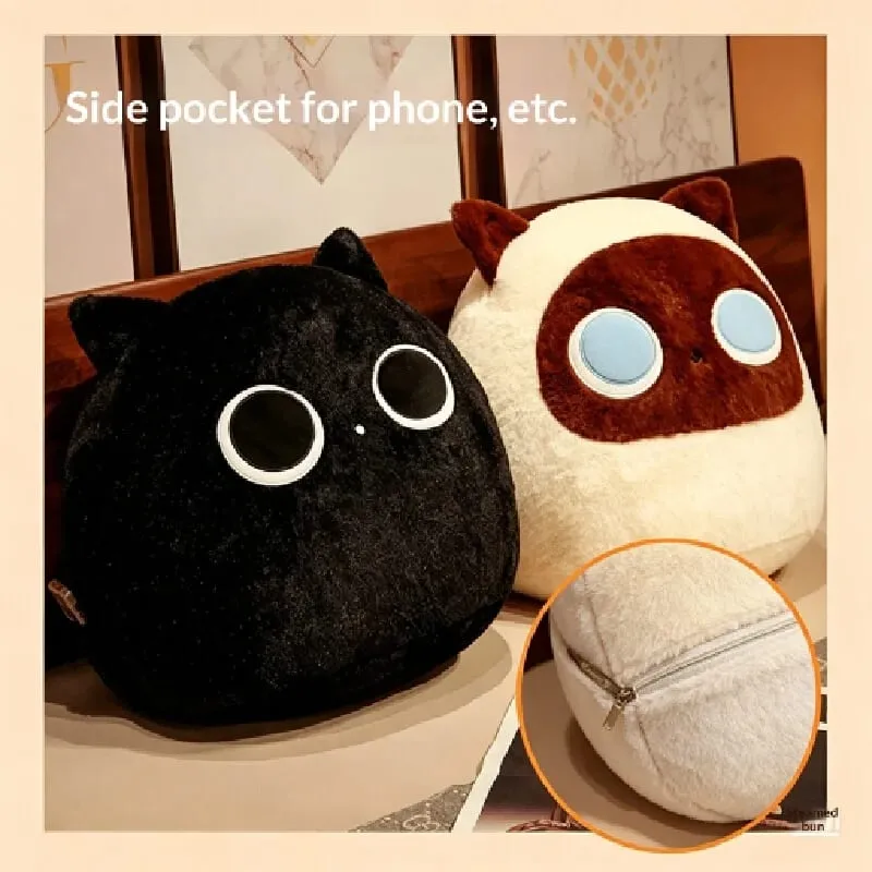 Generic Fluffy Cute Round Black And Brown Cat Plush Pillow Soft Stuffed Plush Toy Sofa Bed Back Cushion Home Decor For Adult
