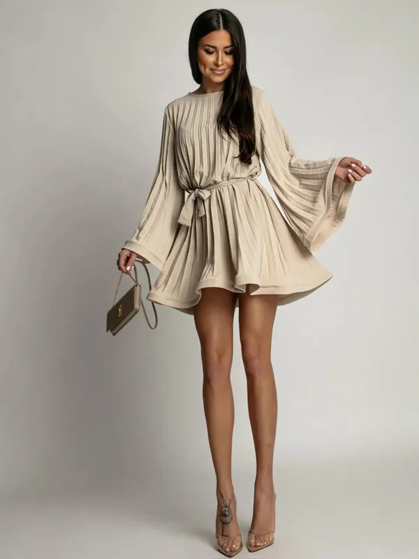 New Spring Summer Elegant Pleated Dress Women Fashion Solid Round Neck Flared Sleeve Lace-up Pleated Mini Dress Women