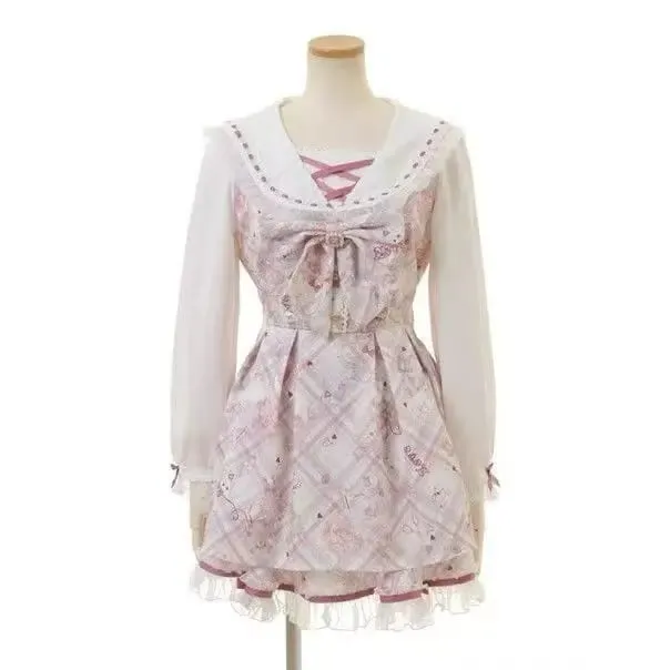 Sweet Lolita Style Lace Pearl Cute Print Shirt Dresses Japanese Kawaii Bow Dress Set Gothic Y2k Tea Party Women Dress 2025 New