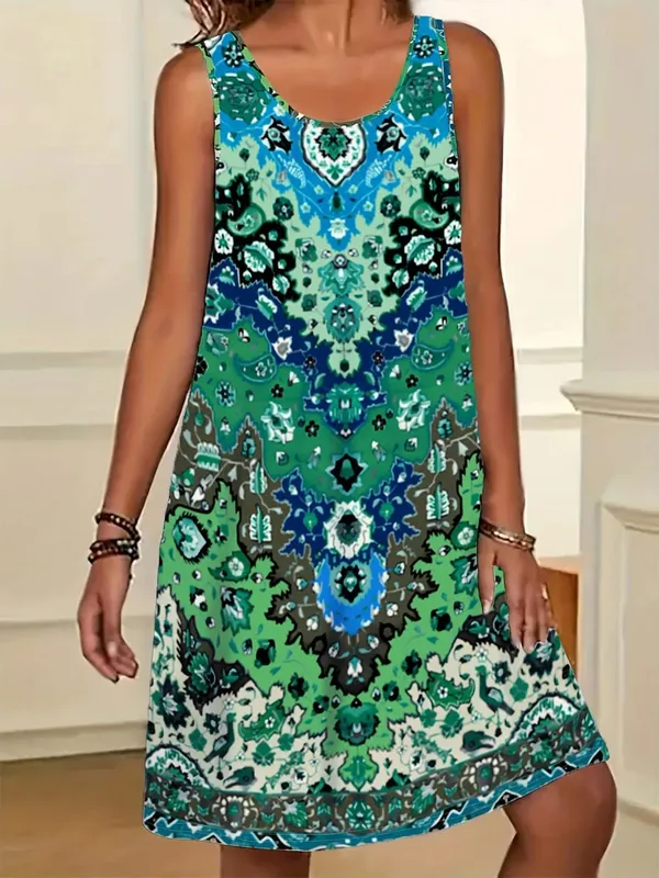 2026 Summer Women's Sleeveless Dresses Knee-Length Round-Neck Dresses Beach and Vacation Casual Dresses Printed Women's Dresses