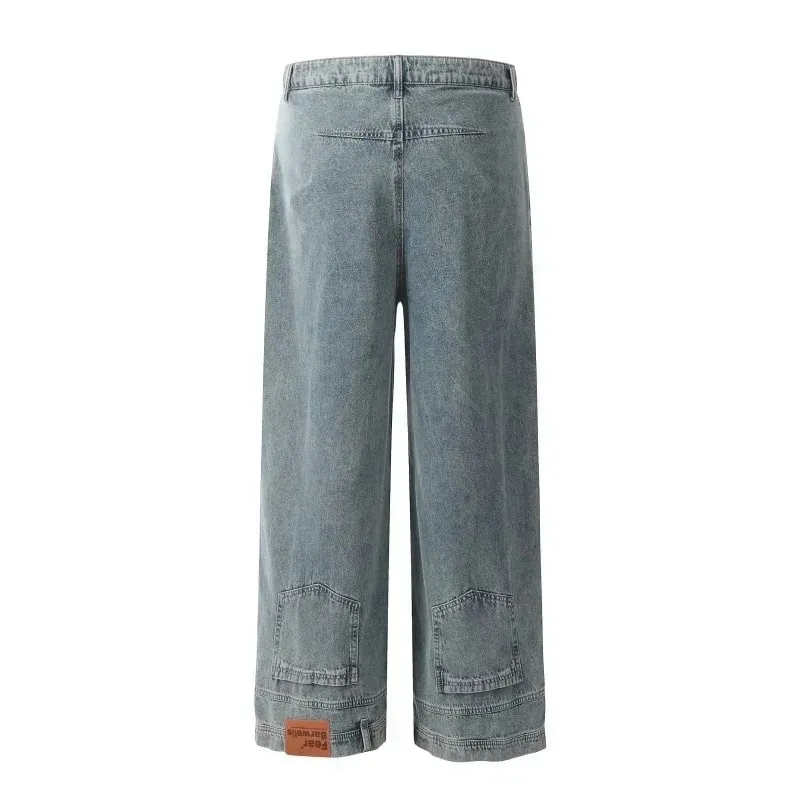 Jeans larghi alla moda da uomo autunno High Street Design con tasca inversa Pantaloni dritti a gamba larga in denim Tinta unita Y2K Vintage Jean