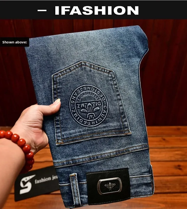 Light luxury jeans men's slim fit small straight tube trendy and fashionable stretch denim simple autumn pants
