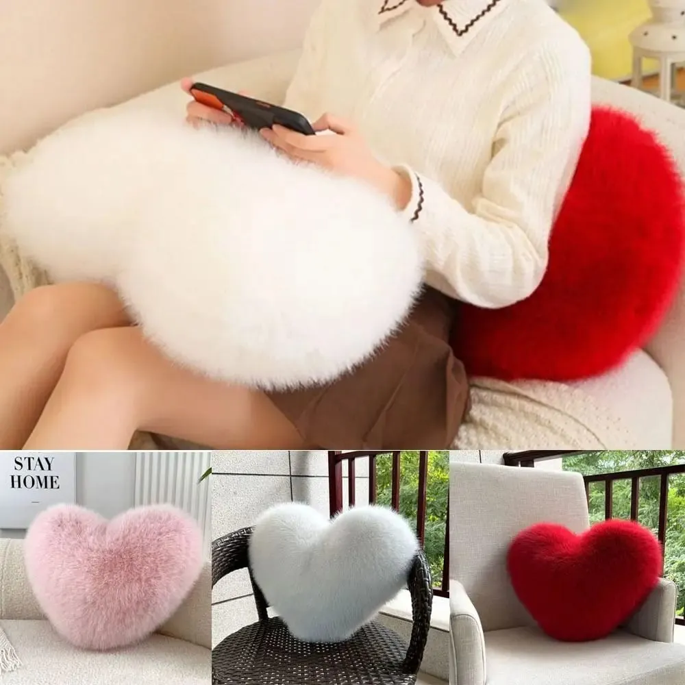 New Fur Heart Pillow Pink Color Love Heart Shaped Soft Pillow PP Cotton Fluffy Stuffed Pillow for Birthday
