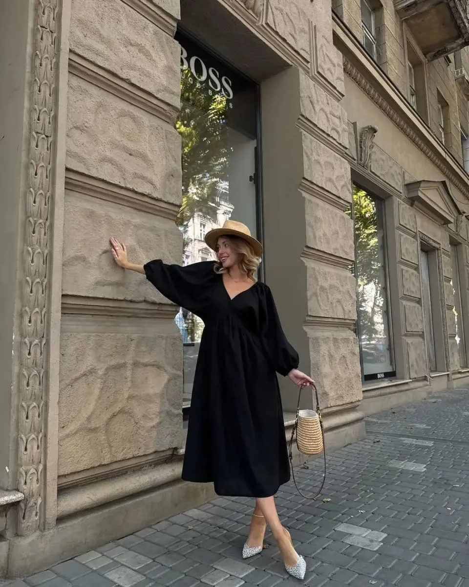 2026Spring Summer V Neck Backless Lace Up Dress Women Lantern Sleeve Loose Casual Long Dresses High Street Fashion Solid Robes