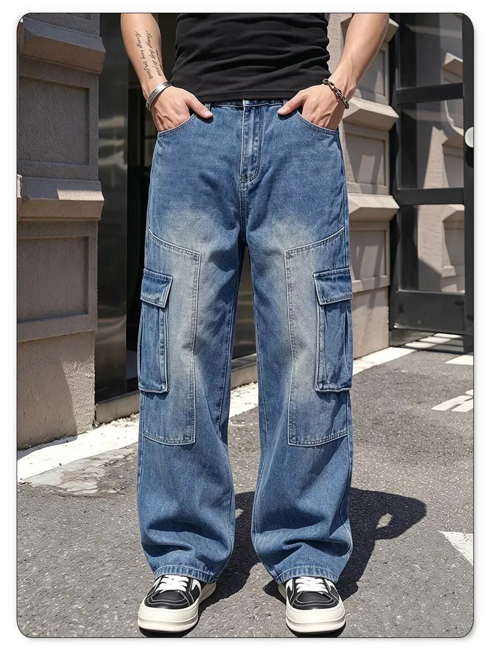 Men's American Retro Multi Pocket Cargo Jeans Suitable All Seasons Baggy Straight Leg Style Daily Street Casual Denim Pants