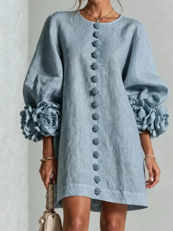 Women Linen Mini Dress O Neck Puff Long Sleeve 3D Flower Cuff Decor Flower Button Loose Casual Short Dresses for Party Vacation