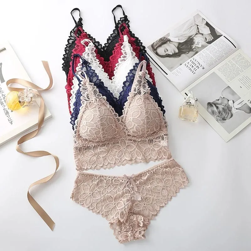 Sexy Lace Women Underwear Set Seamless Wire Free Bra Sets Hollow Out Bra at Panty Set Para sa Babae Embroidery Intimate Lingerie