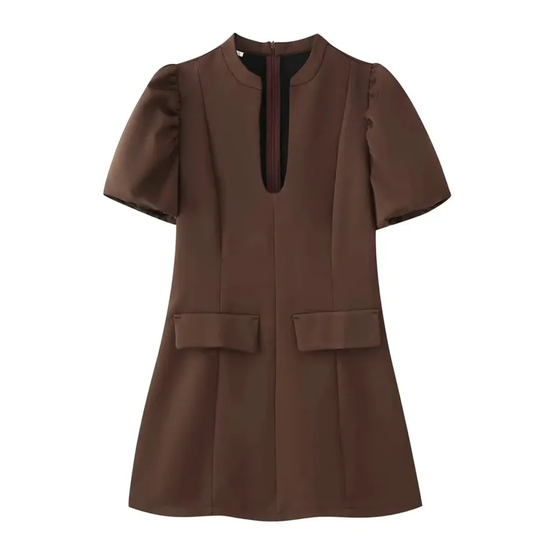 Elegant Holiday Chic Women Mini Dress Black O-Neck Zipper Short Puff Sleeve Dress Fashion 2026 Spring Summer Party Dress