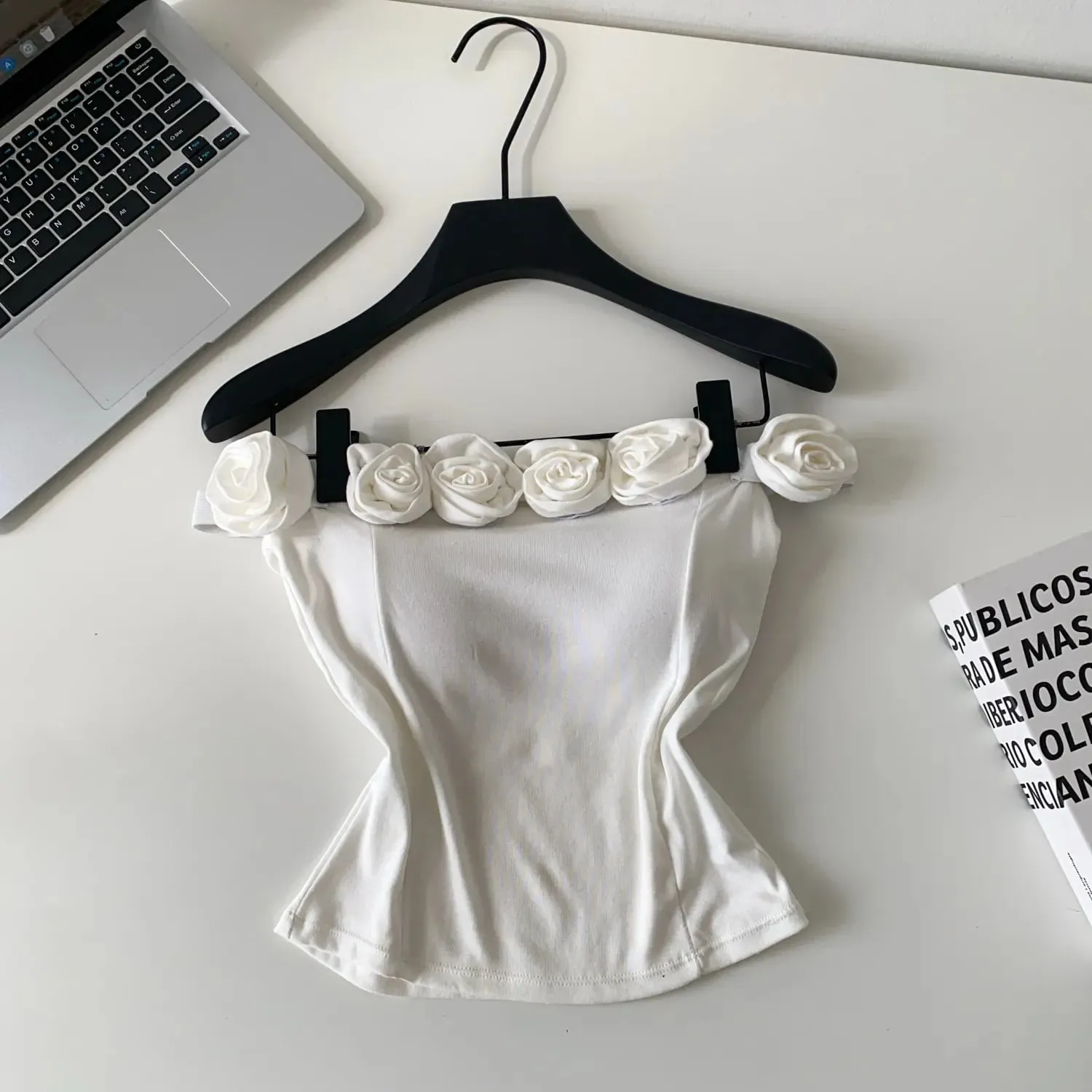Fashion 3D Floral Solid Crop Top Women Strap Backless Elastic Waist Short Tank Top Korean Holiday Sexy Club Camisole