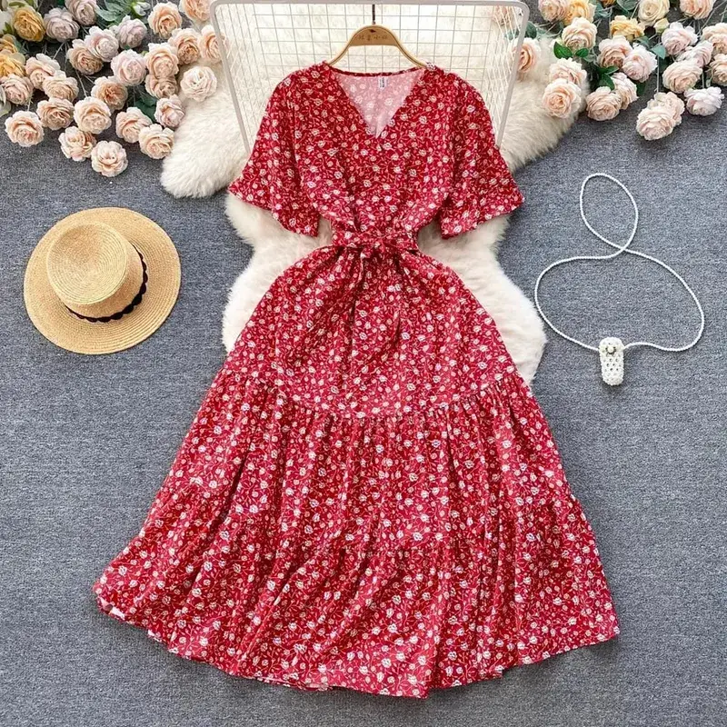 YuooMuoo Chic Fashion Vintage Floral Print Women Dress Elegant V-neck Belted Maxi Summer Dress Korean Vacation Beach Vestidos