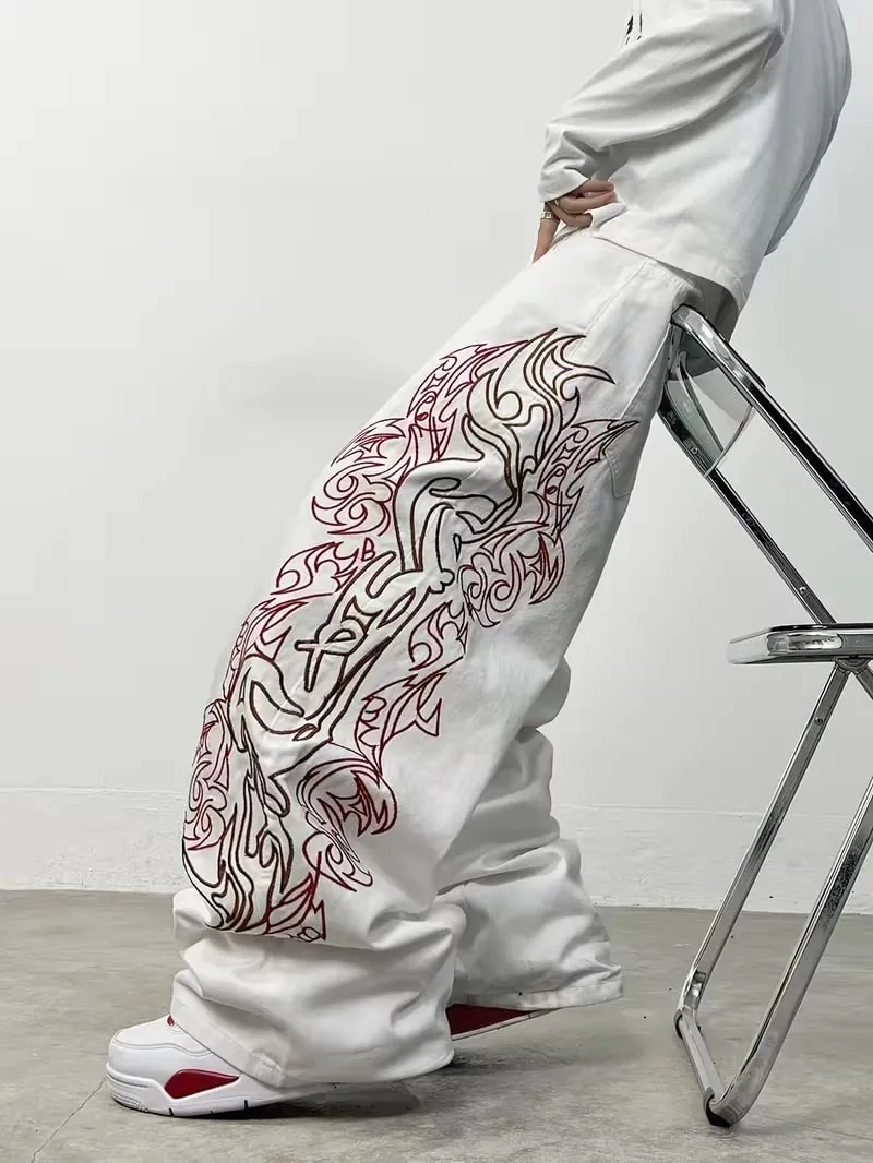 Unisex White Red Tribal Flame Print Loose Wide Leg Jeans Y2K Grunge Streetwear Oversized Denim Pants