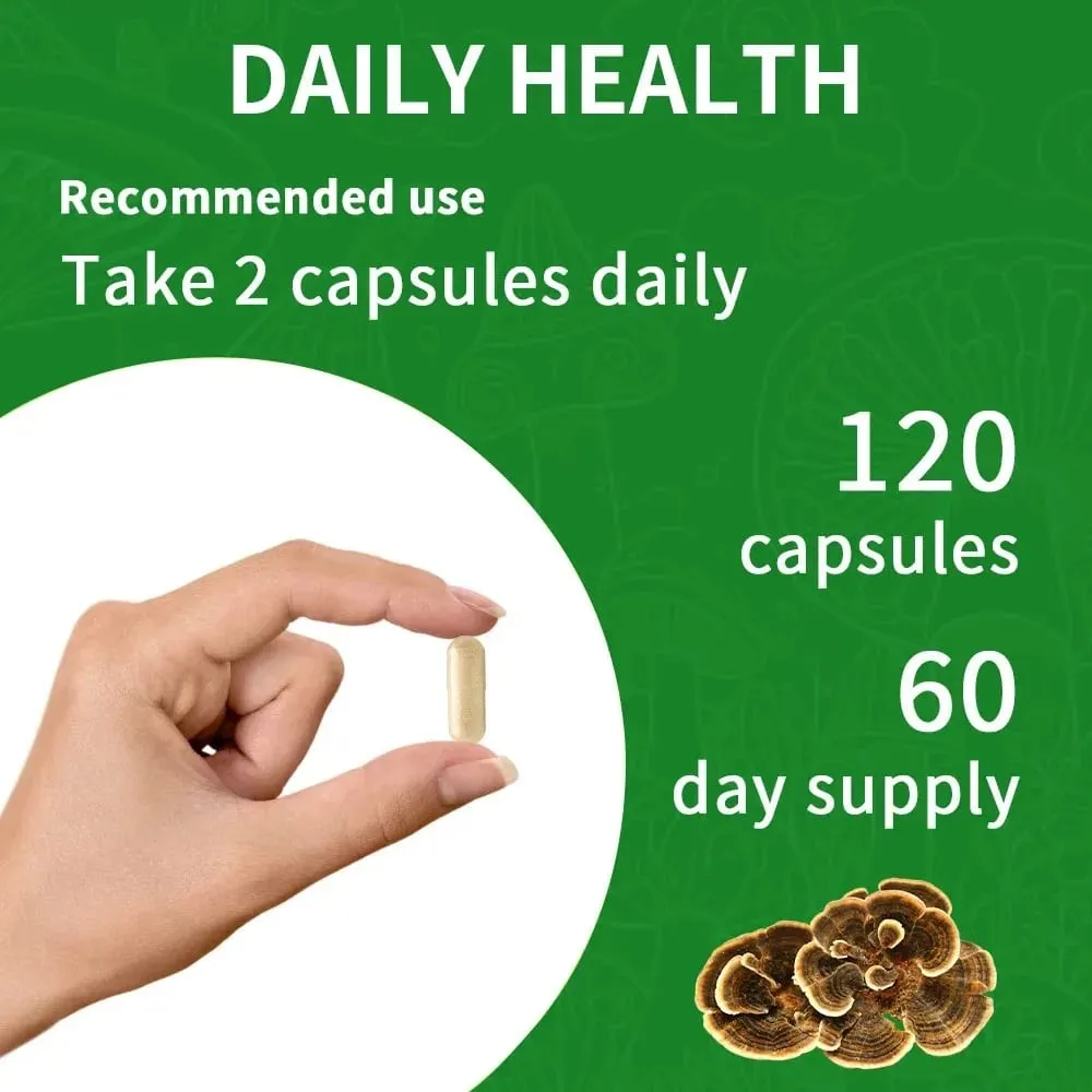 Turkey Tail Mushroom Supplement Boosts The Immune System Promotes Health and Vitality Vegan Non-GMO 120 Capsules