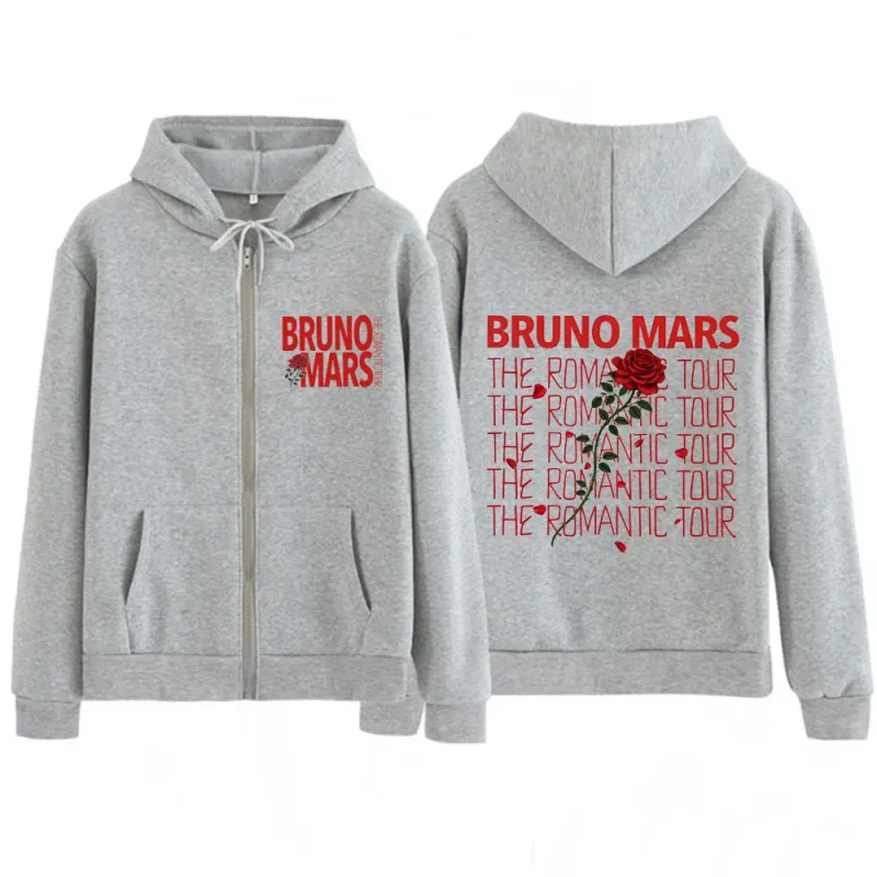 Bruno Mars The Romantic Tour 2026 Print Zip Up Hoodie Men Women Fashion Pullover Long Sleeves Loose Aesthetic Zipper Sweatshirts