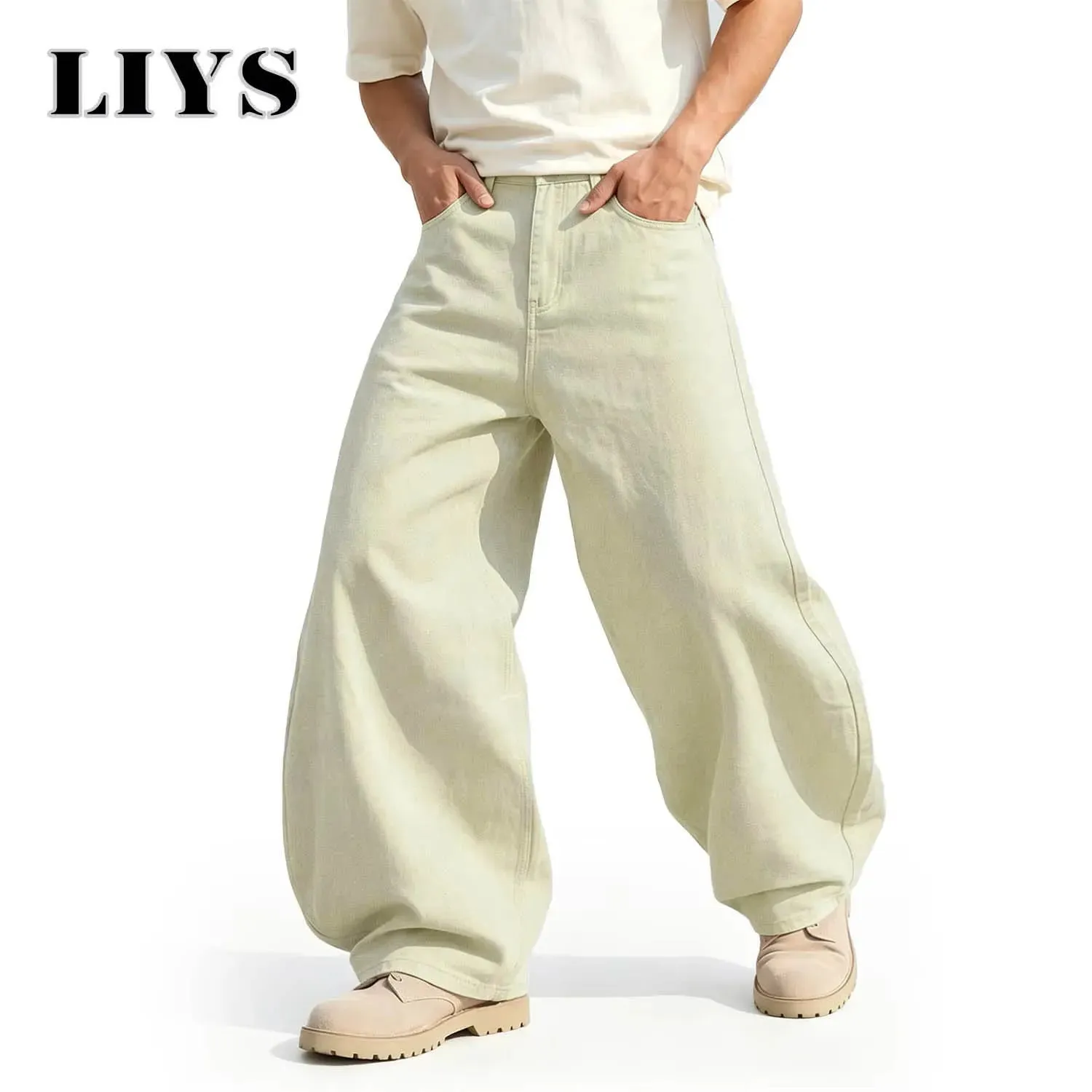 Men's American Beige Loose Wide Leg Jeans High Waisted Streetwear Hip-Hop Fashion Loose Denim Pants Y2K Retro Casual Pants