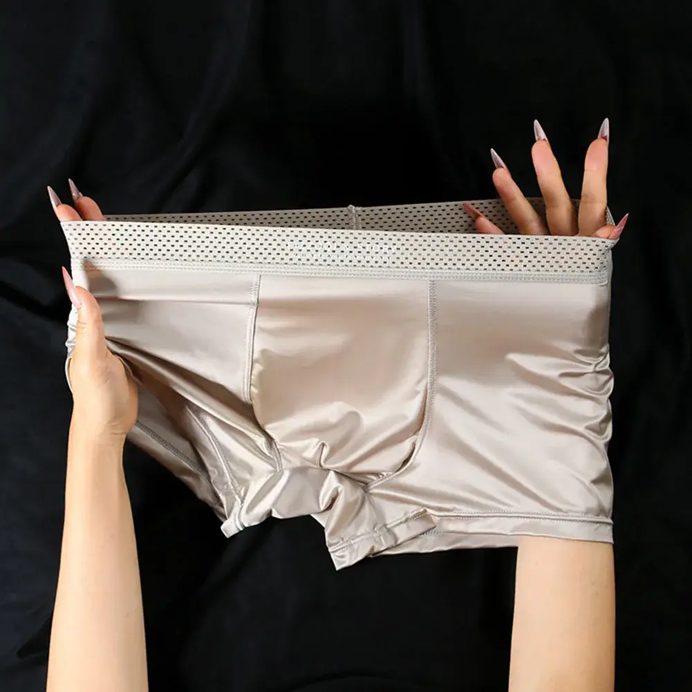 1pc Männer Satin-wie Eis Seide Boxer Glatte Höschen Aushöhlen Bund Unterhose Atmungs Einfarbig Unterwäsche Stamm