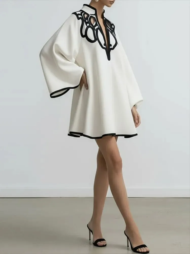 Freeacy Hollowed V-neck Mini Dress for Women Flared Sleeves A-line Pleated Dress 2026 Stylish Contrast Trims Elegant Party Dress