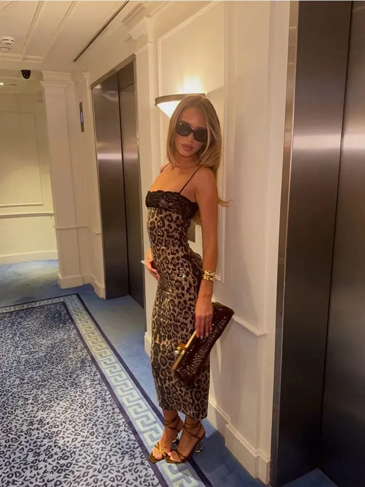 Ahagaga Sexy Women's Maxi Dress Camisole Spring Summer Square Neckline With Lace Trim Leopard Print Sequin Fabric Bodycon Slim