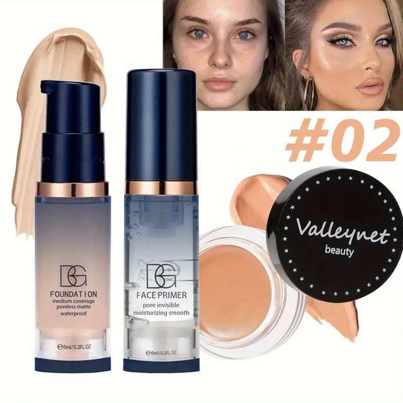 3pcs/Set Velvet Face Set Foundation+Primer+Concealer Waterproof and Long lasting Matte Effect Suitable for Beginners Travel Set.
