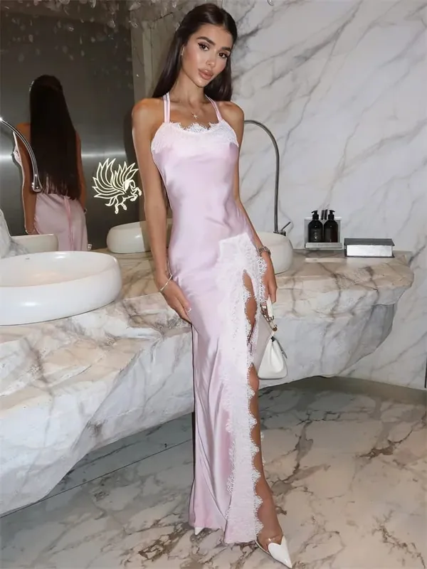 Tossy Lace Elegant Patchwork Long Dress For Women Backless Lace-Up Satin Slim Party Dress Evening Female Bandage Maxi Dress 2025
