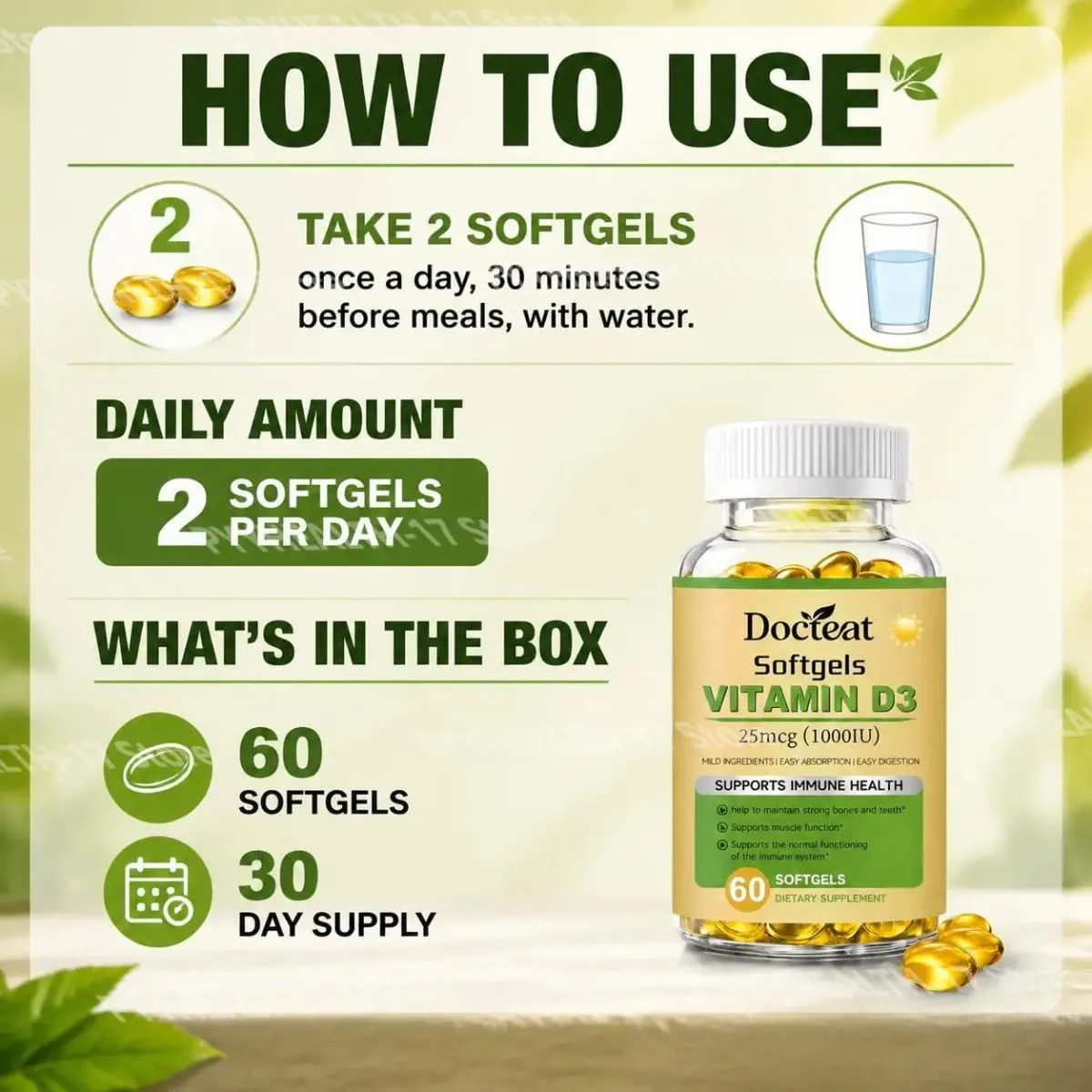 Docteat Vitamin D3 Softgels Supports Immune Health Helps Maintain Bones and Teeth for Adult Daily Requirement 60 Softgels