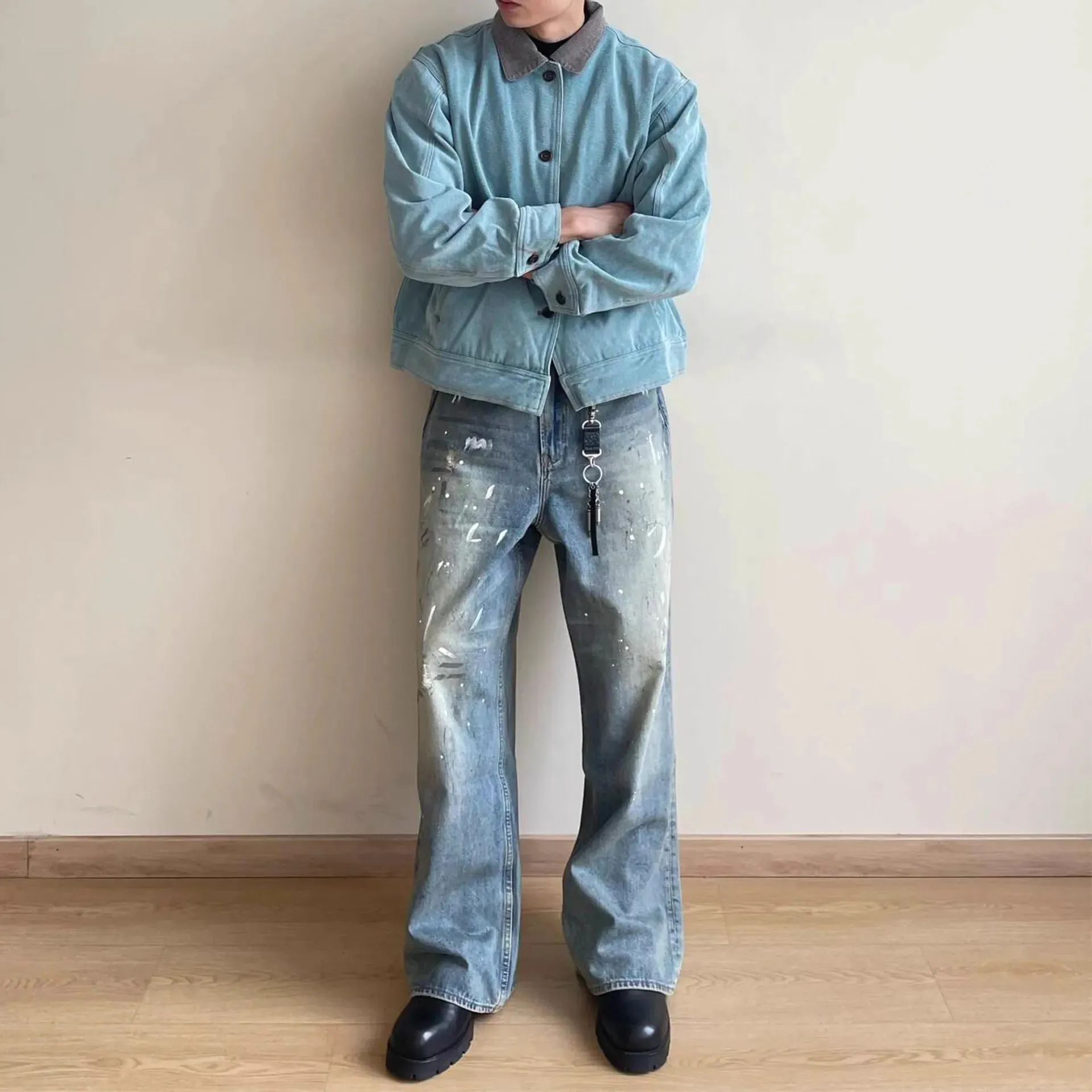 2025 New Men's 3D Chain Printed Baggy Jeans Autumn Casual Baggy Straight Denim Pants men High Street Blue Wide-leg Y2K Jean