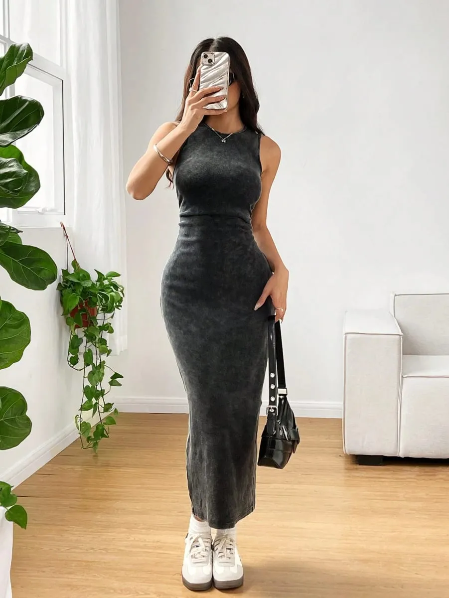 Women's Summer Round Neck Pleated Bodycon Casual Cami Dress Holiday Outfits Summer Dresses for Women