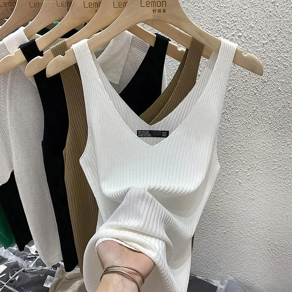 New Summer Sexy V-Neck Sleeveless Knit Women Camis Slim Pure Desire Style Basic Crop Top Korean Style Solid Versatile Tank Top