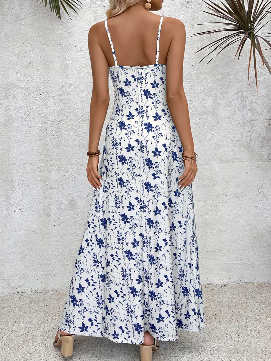 Women's Blue Floral Print Spaghetti Strap Maxi Dress Summer Casual Round Neck Flowy A-Line Sundress With Side Pockets