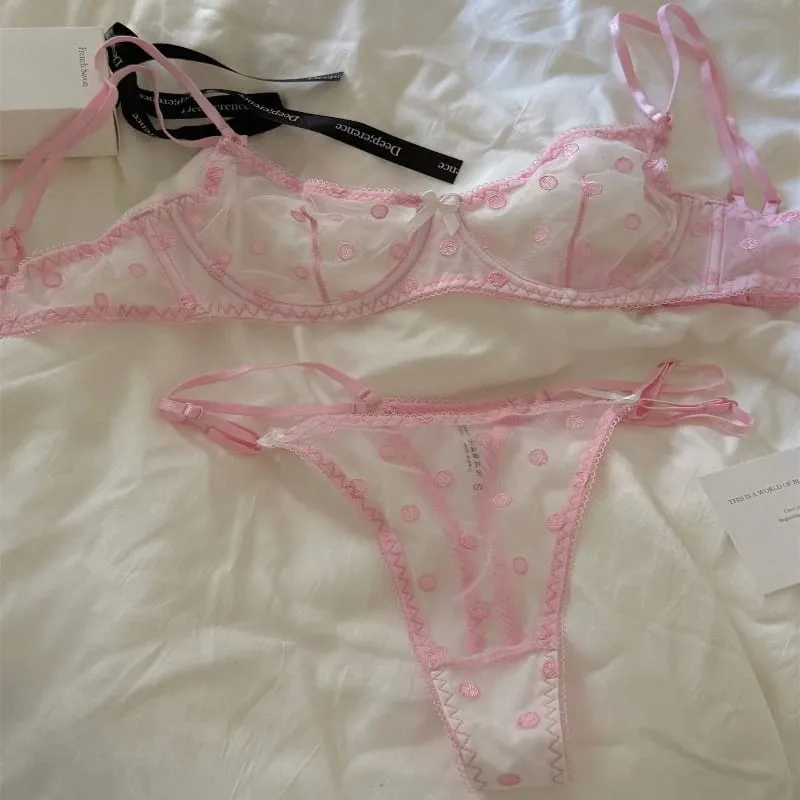 French Ultra-thin Polka-dot Lace Underwear Set Alluring and Innocent Style Push-up Cleavage-enhancing Bra with Soft Underwire