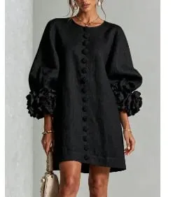 Women Spring Autumn 3D Flower Long Lantern Sleeve Cotton Linen Mini Dress Solid Crew Neck Loose Elegant Daily Wear Short Dress
