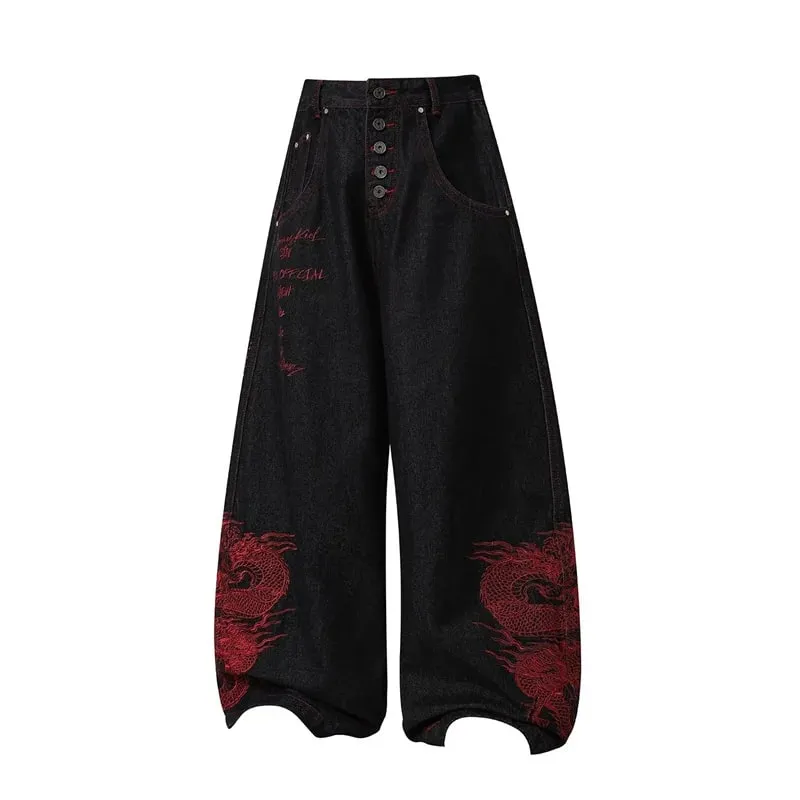 2026 New Side Red Dragon Embroidery Baggy Jeans For Men Y2K Streetwear Punk Fashion Denim Pantalones American Retro Hip Hop Jean