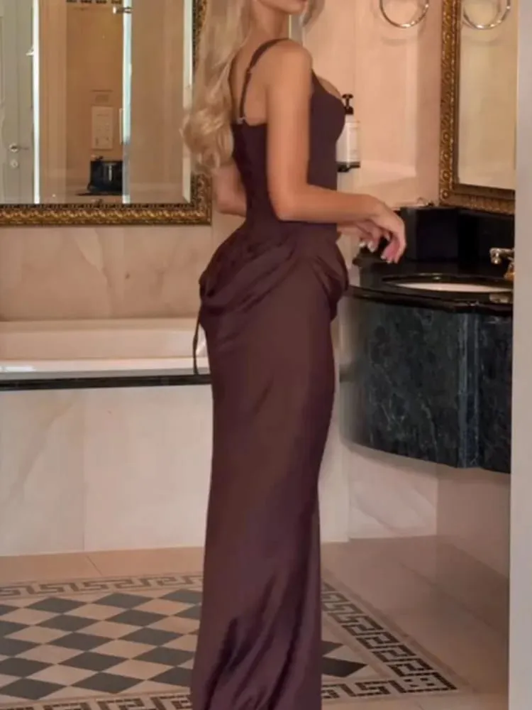 Women Pleated Sleeveless Maxi Dress Summer Solid Slim Fit Square Neck Corset Style Dresses Flady Fashion Evening Party Gowns