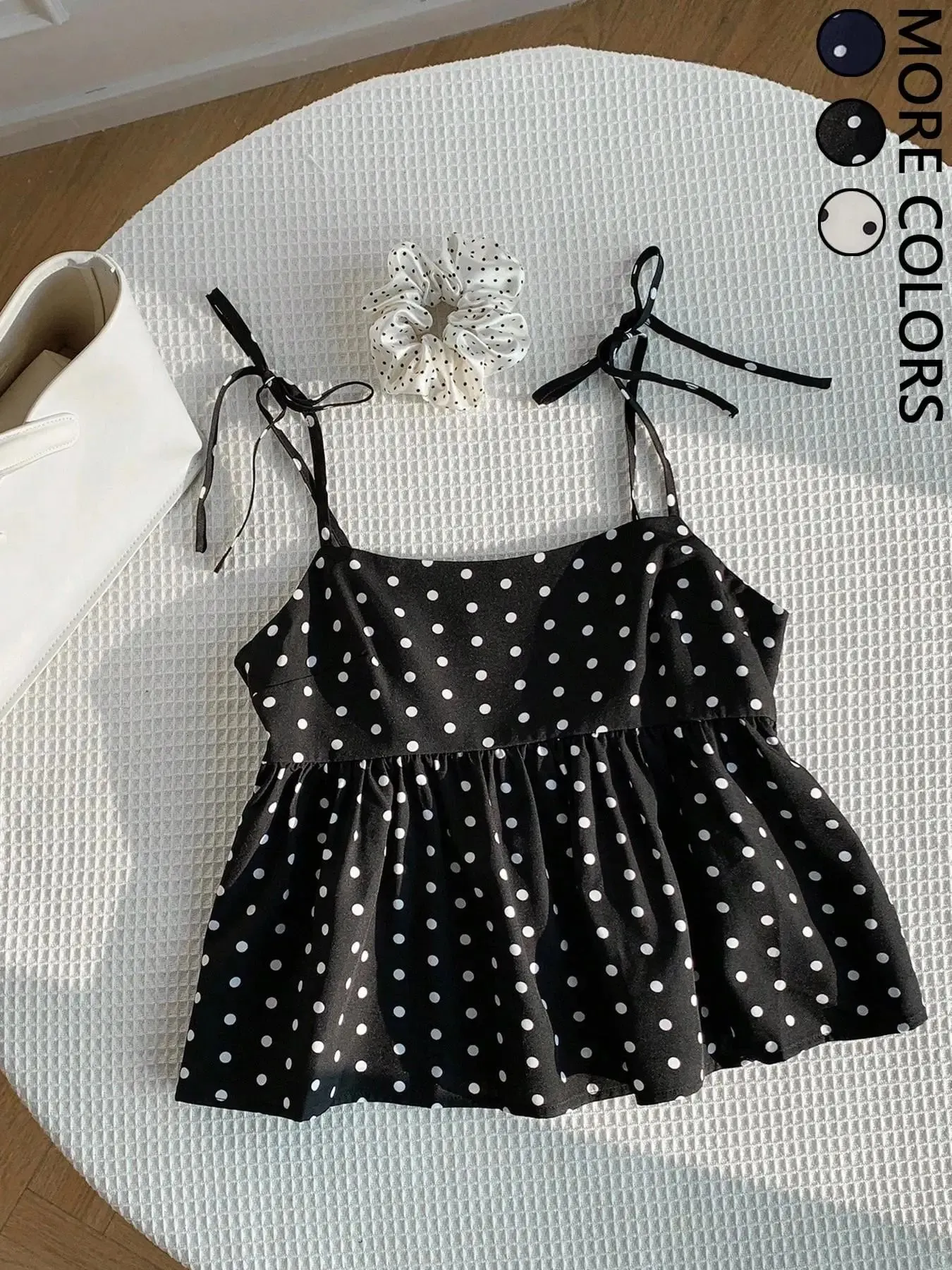 Women's Polka Dot Crop Cami With Spaghetti Straps And Flared Hem Polka Dot Camisole Babydoll Top Babydoll Tops Polkadot Top Cute