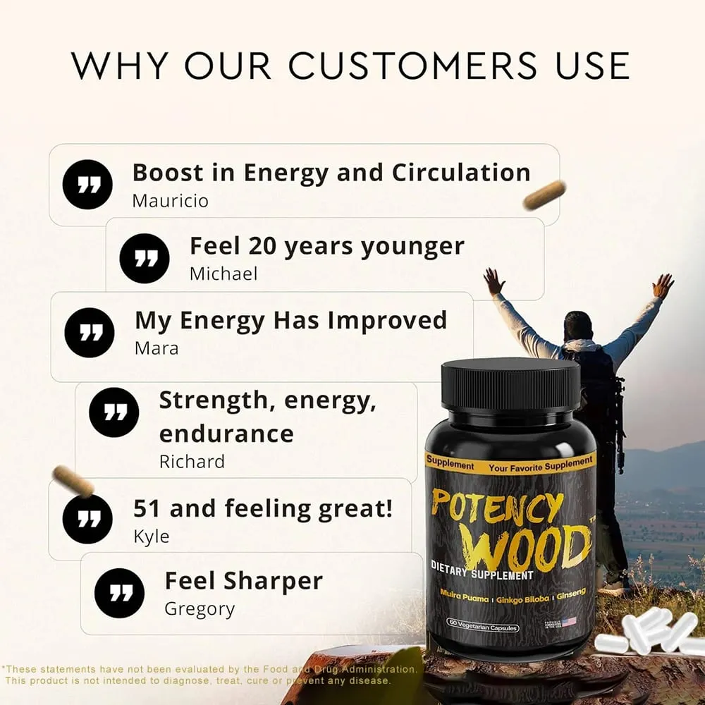 Potency Wood Vitality Boost Capsules - Energy Libido Focus Supplement - Ginseng Ashwagandha Herbal Supplements 60 Capsules