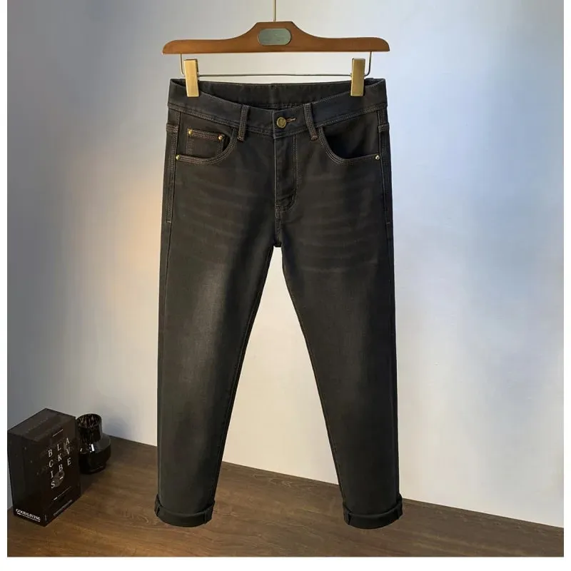 Light luxury high-end fashionable jeans for men in autumn 2025 thick and trendy casual slim fit elastic denim small leg pants
