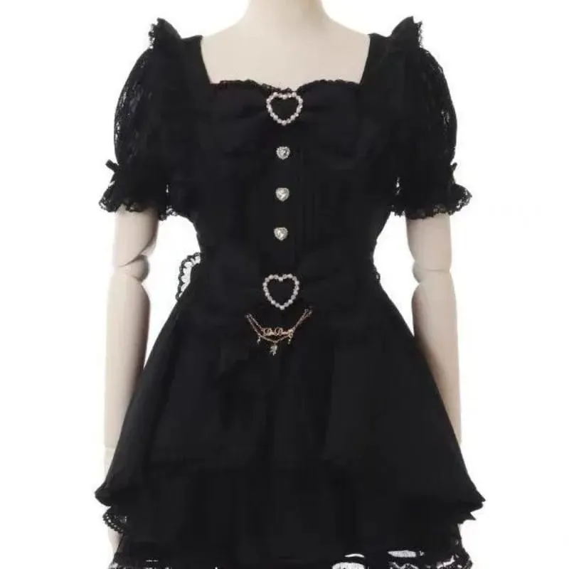 Jirai Kei Dark Sweet Lolita Mini Dress Women Bowknot Lace Puff Corset Heart Ruffle Cake Skirt Japanese Kawaii Harajuku Fashion